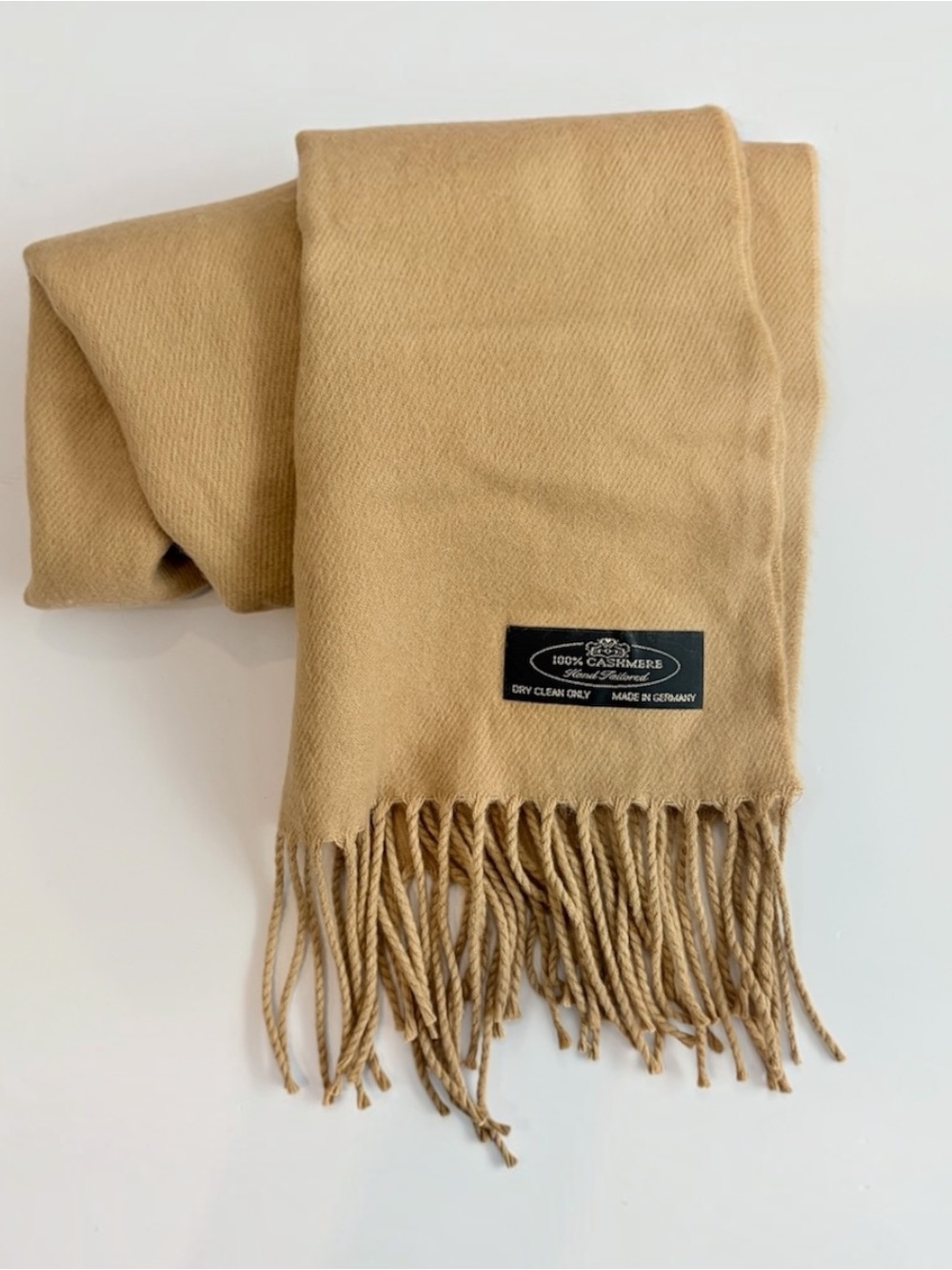 100% Cashmere Scarf Tan Beige Hand Tailored Made In Germany Tassel Fringe